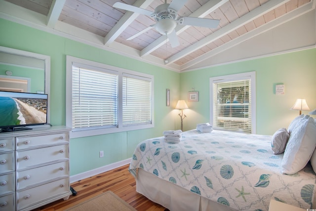162 Norris Dr, Pawleys Island, SC 29585 - bedroom with wood ceiling, vaulted ceiling with beams, ceiling fan, and wood finished floors