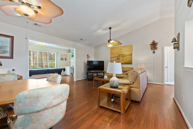 living room with visible vents, a ceiling fan, wood finished floors, pool table, and vaulted ceiling