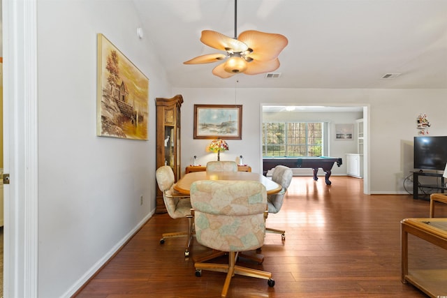 dining room with visible vents, baseboards, wood finished floors, and pool table