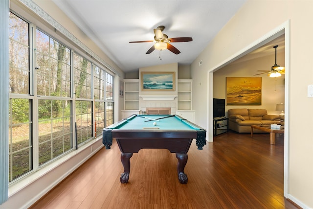 rec room featuring pool table, wood finished floors, a ceiling fan, and vaulted ceiling