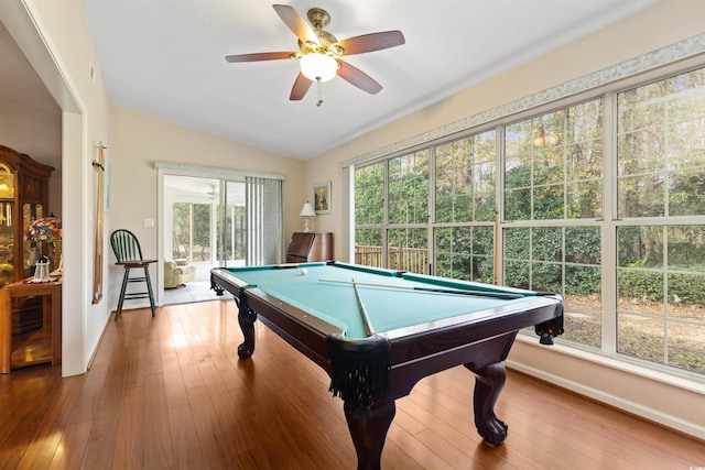 game room featuring pool table, baseboards, ceiling fan, vaulted ceiling, and wood-type flooring