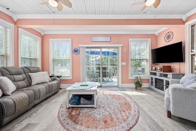 living room featuring visible vents, ornamental molding, a ceiling fan, and wood finished floors