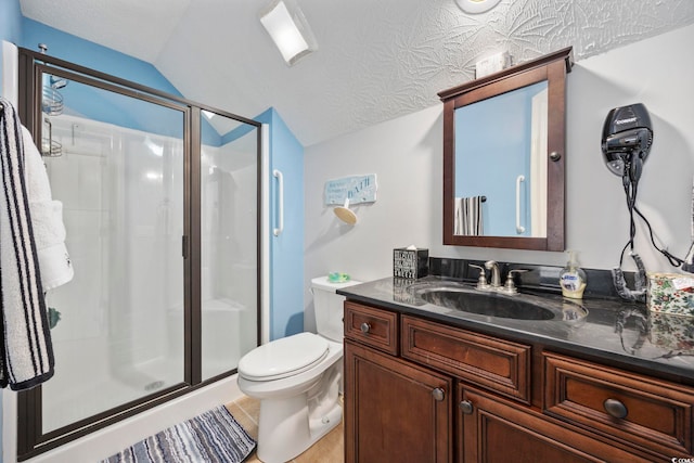 bathroom with lofted ceiling, toilet, a stall shower, and vanity