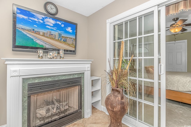 room details with a tile fireplace