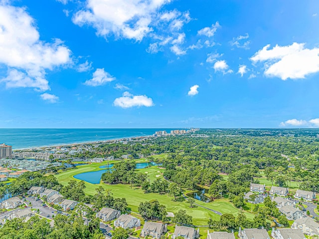 aerial view with a water view and view of golf course