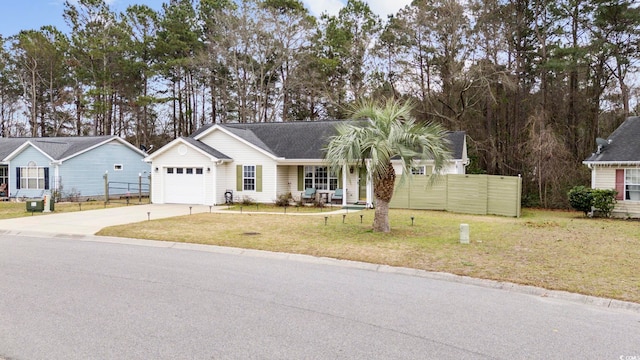 ranch-style home featuring concrete driveway, roof with shingles, a front lawn, a garage, and fence
