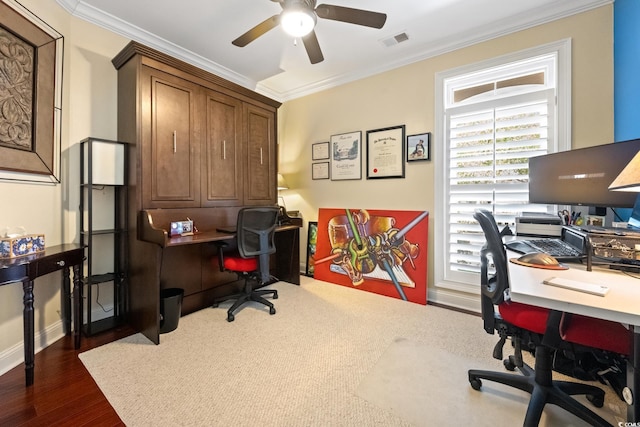 office featuring crown molding, visible vents, dark wood-style flooring, and ceiling fan