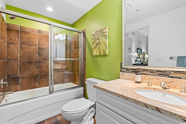 100 N Beach Blvd Unit 1608, North Myrtle Beach, SC 29582 - full bathroom with vanity, bath / shower combo with glass door, backsplash, and stone finish flooring