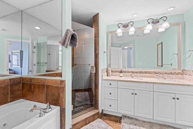 100 N Beach Blvd Unit 1608, North Myrtle Beach, SC 29582 - full bath with a stall shower, double vanity, a tub with jets, tile patterned floors, and recessed lighting