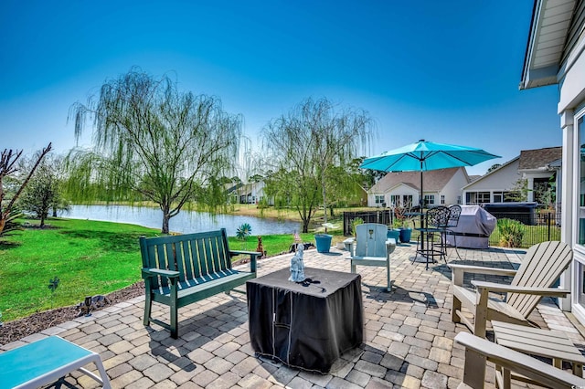 view of patio / terrace featuring a water view