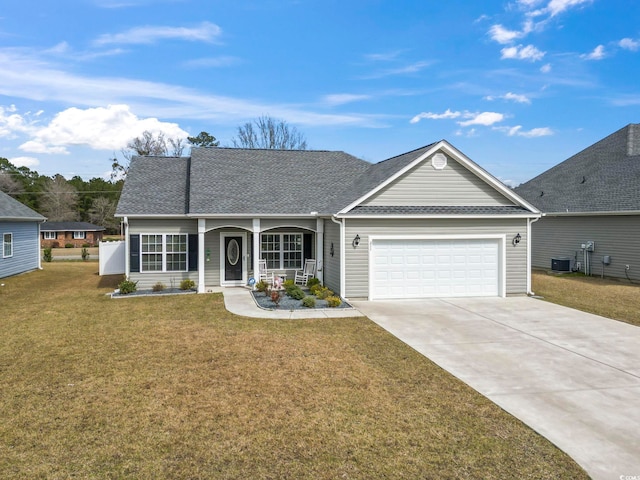 ranch-style house with driveway, a front lawn, cooling unit, a shingled roof, and a garage