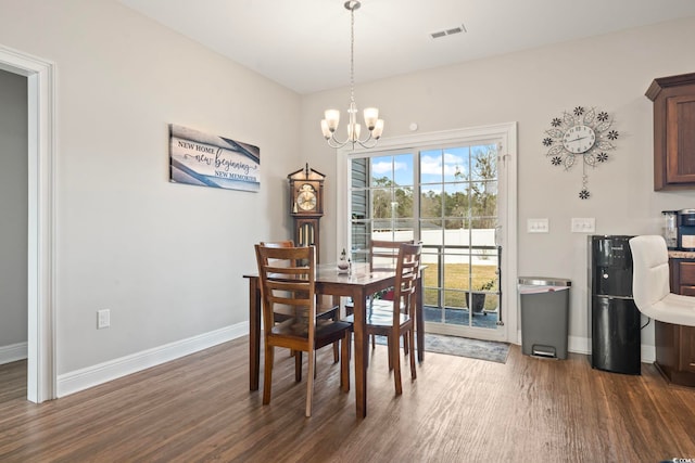 dining area with baseboards, visible vents, dark wood-style flooring, and a chandelier