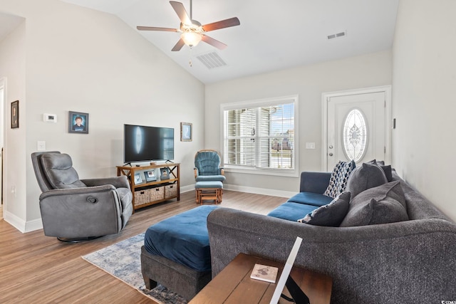 living area featuring visible vents, wood finished floors, baseboards, and ceiling fan