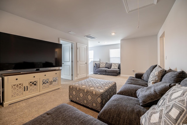 404 Cattle Drive Cir, Myrtle Beach, SC 29588 - living room featuring baseboards, visible vents, light carpet, and attic access