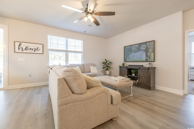 404 Cattle Drive Cir, Myrtle Beach, SC 29588 - living room with a ceiling fan, baseboards, visible vents, and light wood finished floors