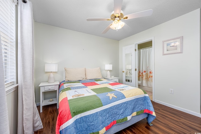 bedroom with ceiling fan, baseboards, a textured ceiling, and wood finished floors