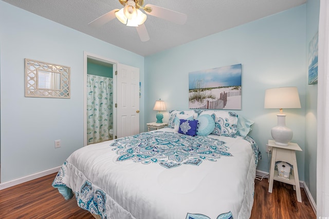 bedroom featuring ceiling fan, baseboards, a textured ceiling, and wood finished floors