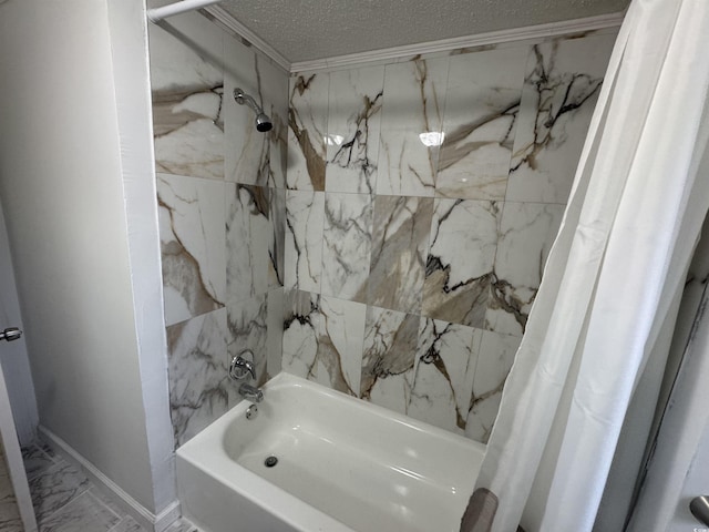 full bath with marble finish floor, shower / bath combination with curtain, and a textured ceiling