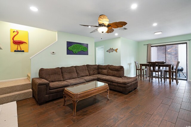 508-B Rosemary Ln, North Myrtle Beach, SC 29582 - living area with dark wood-style floors, ceiling fan, recessed lighting, and baseboards