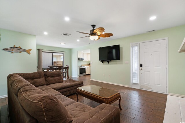 508-B Rosemary Ln, North Myrtle Beach, SC 29582 - living room with a ceiling fan, recessed lighting, baseboards, and dark wood finished floors
