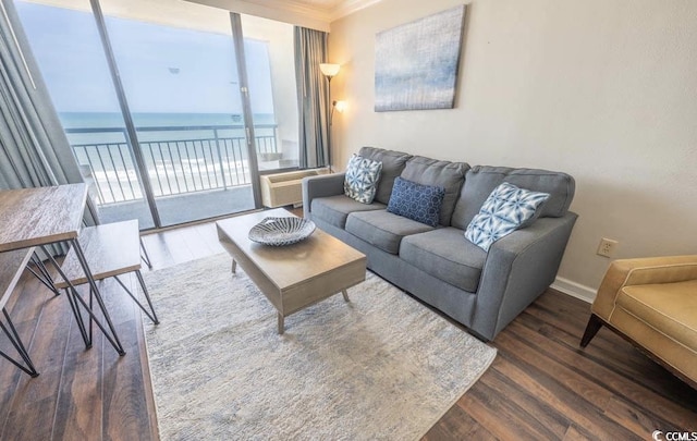 living room with wood finished floors, a water view, and baseboards