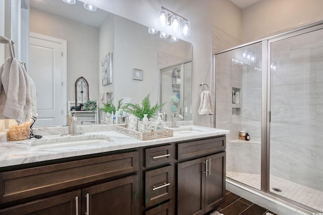 622 Lorenzo Dr Unit 622, North Myrtle Beach, SC 29582 - full bathroom with double vanity, a stall shower, and wood finished floors