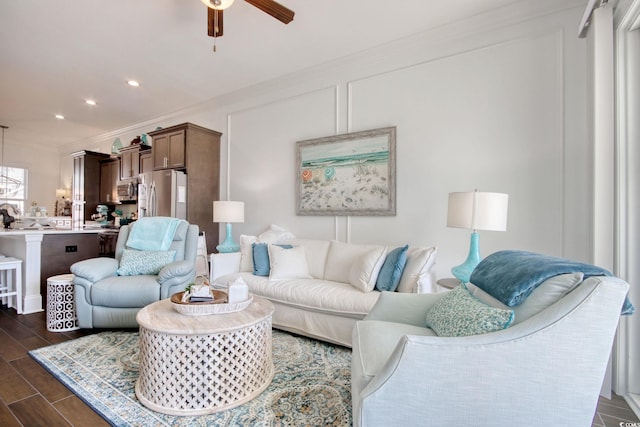 622 Lorenzo Dr Unit 622, North Myrtle Beach, SC 29582 - living area featuring ceiling fan, recessed lighting, crown molding, and dark wood-style flooring