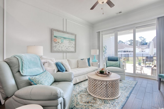 622 Lorenzo Dr Unit 622, North Myrtle Beach, SC 29582 - living room featuring ceiling fan, wood finished floors, and ornamental molding