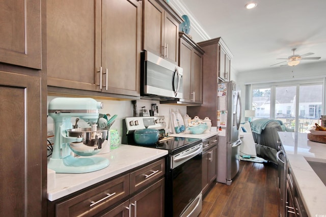 622 Lorenzo Dr Unit 622, North Myrtle Beach, SC 29582 - kitchen featuring appliances with stainless steel finishes, dark wood-style floors, ceiling fan, dark brown cabinetry, and recessed lighting