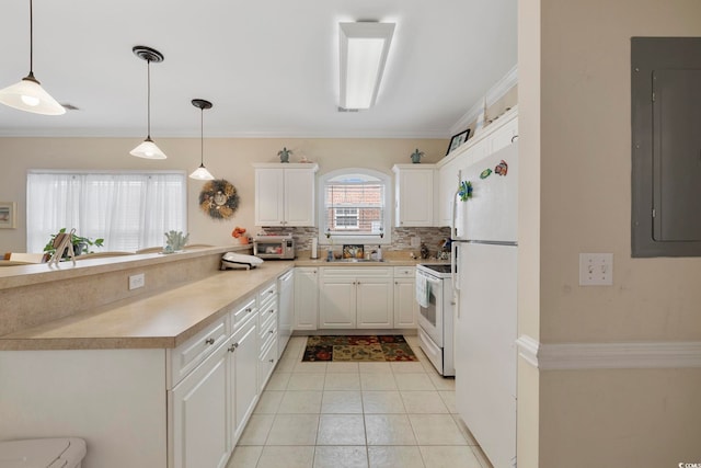 4142 Hibiscus Dr Unit 104, Little River, SC 29566 - kitchen with white appliances, electric panel, crown molding, a peninsula, and tasteful backsplash