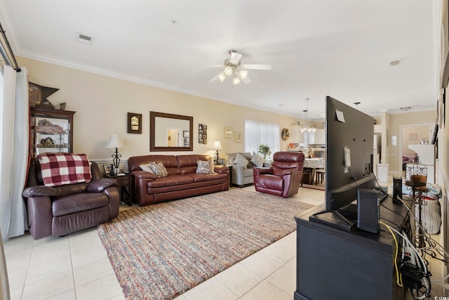 4142 Hibiscus Dr Unit 104, Little River, SC 29566 - living area with ceiling fan, light tile patterned floors, ornamental molding, and a chandelier