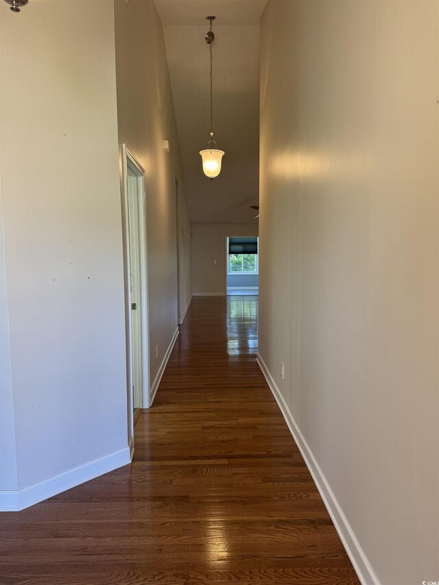 1205 Woodruff Ct, Conway, SC 29526 - hallway with high vaulted ceiling, dark wood-type flooring, and baseboards