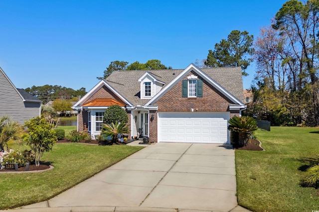1205 Woodruff Ct, Conway, SC 29526 - traditional-style home with brick siding, driveway, a front yard, a garage, and a shingled roof