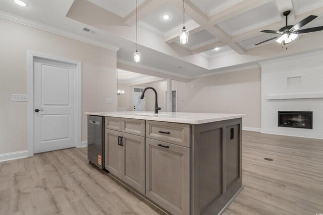 3329 Hughes Gasque Rd, Aynor, SC 29511 - kitchen with dishwasher, open floor plan, light wood-style flooring, coffered ceiling, and beam ceiling