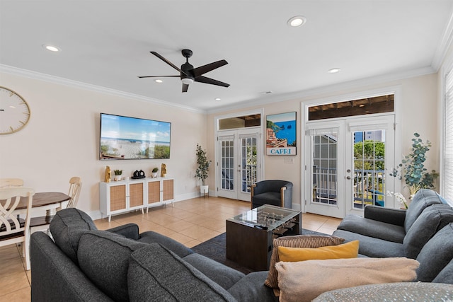 living area with ceiling fan, french doors, and light tile patterned flooring
