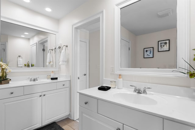 bathroom featuring recessed lighting, vanity, tile patterned floors, and visible vents