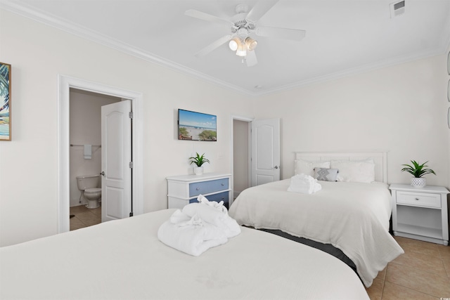 bedroom featuring crown molding, a ceiling fan, light tile patterned flooring, and visible vents