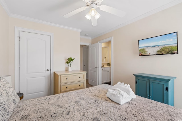 bedroom with crown molding, a ceiling fan, and ensuite bathroom
