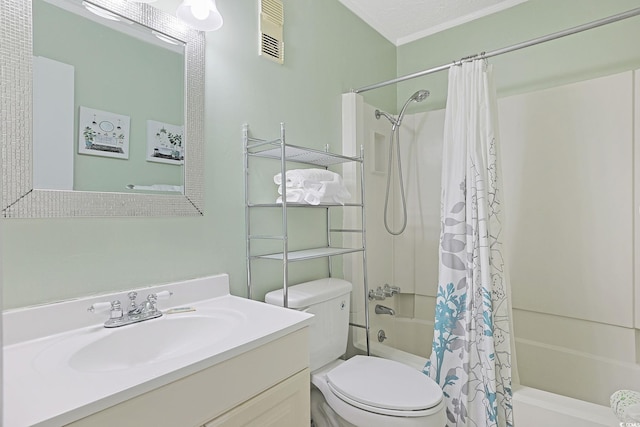full bathroom featuring vanity, toilet, visible vents, and shower / bath combo with shower curtain