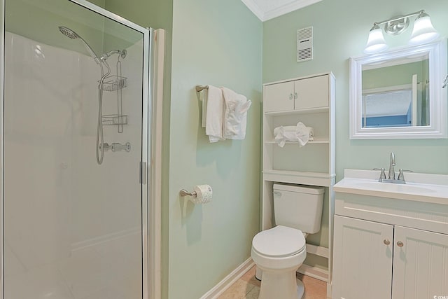 full bath with visible vents, a shower stall, toilet, and vanity