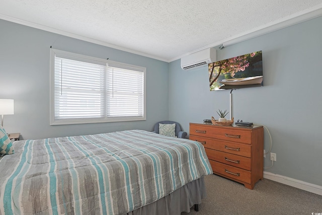 carpeted bedroom with crown molding, baseboards, a wall mounted air conditioner, and a textured ceiling