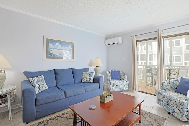 living room with an AC wall unit, ornamental molding, and a textured ceiling