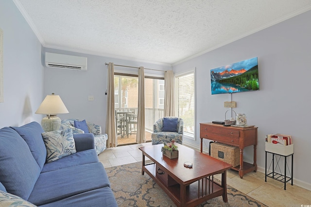 living area with a textured ceiling, a wall mounted air conditioner, and ornamental molding