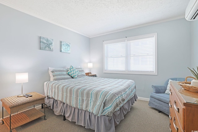 carpeted bedroom featuring baseboards, a textured ceiling, crown molding, and a wall mounted AC