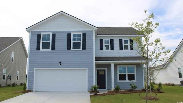 view of front facade featuring concrete driveway, a garage, a front yard, roof with shingles, and cooling unit