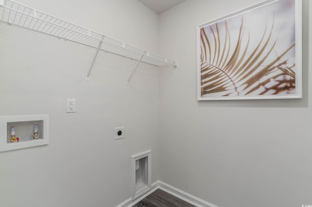 washroom featuring hookup for an electric dryer, baseboards, hookup for a washing machine, and dark wood-type flooring