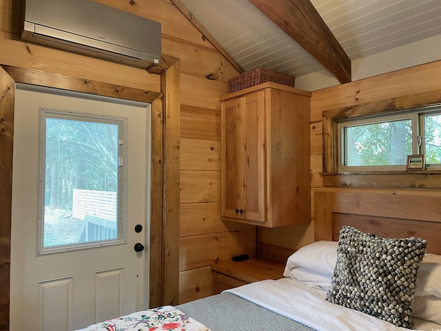 bedroom featuring a wall mounted air conditioner, wooden walls, and lofted ceiling with beams