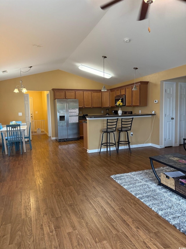 1001 Leatherman Rd, Conway, SC 29527 - living area featuring lofted ceiling, dark wood-style floors, a ceiling fan, and baseboards