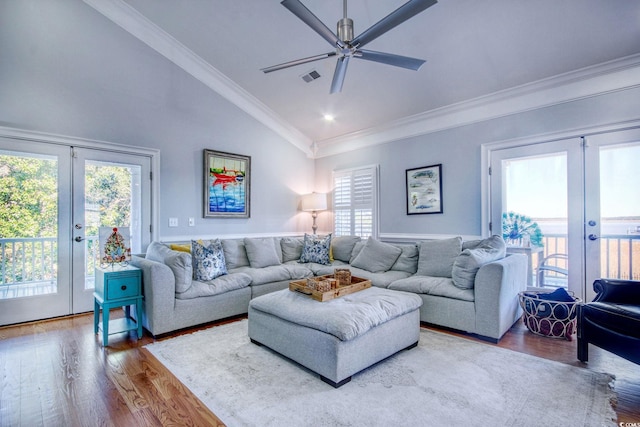 2425 S Bay St, Georgetown, SC 29440 - living area with french doors, wood finished floors, ceiling fan, crown molding, and high vaulted ceiling