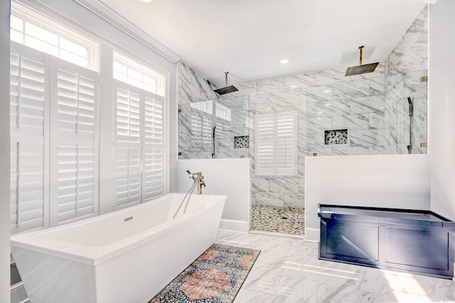 2425 S Bay St, Georgetown, SC 29440 - bathroom with a freestanding tub, marble finish flooring, a walk in shower, recessed lighting, and baseboards